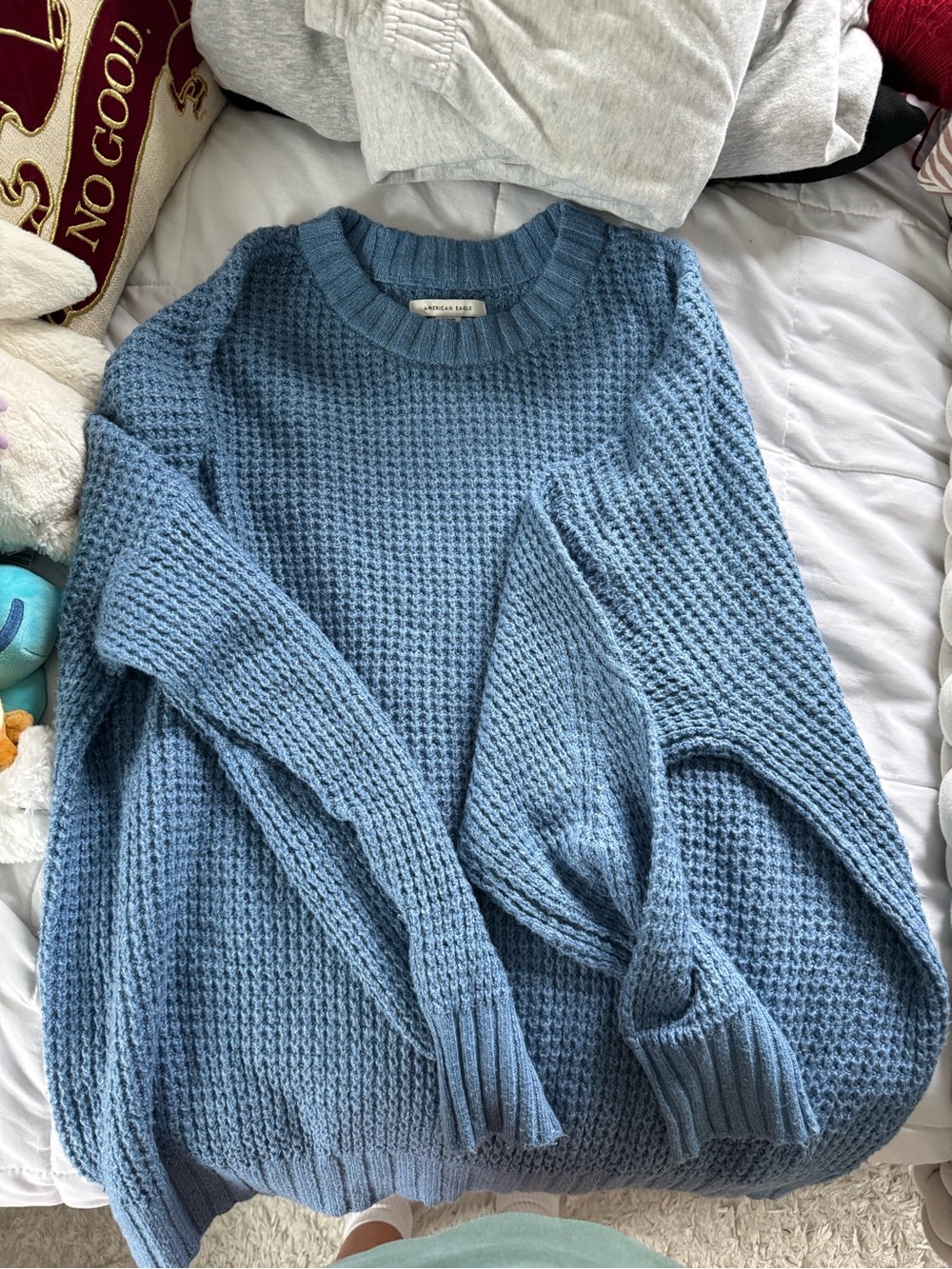 American Eagle Outfitters Light Blue Waffle-Knit Crewneck Sweater